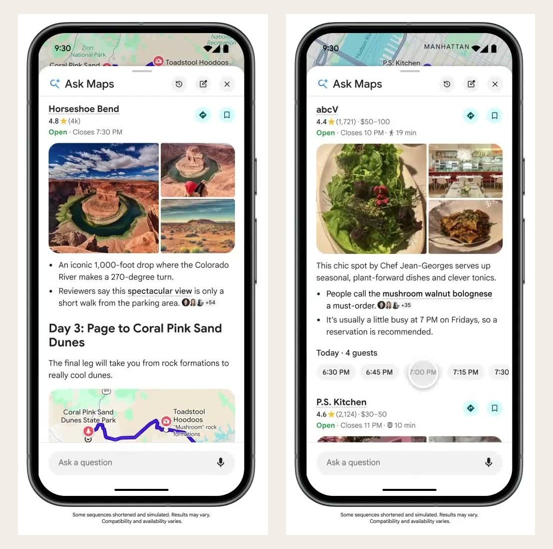 Ask Maps building a multi-day trip itinerary and showing bookable reservation slots inside the result