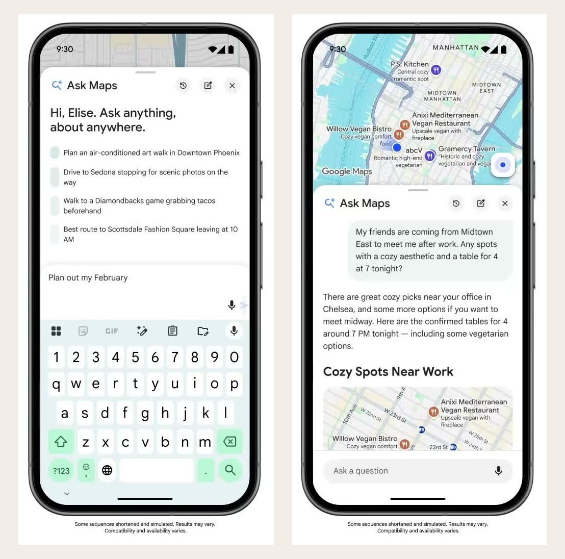 Ask Maps screens: on the left the empty prompt with suggestions, on the right a long customer question answered with a custom map