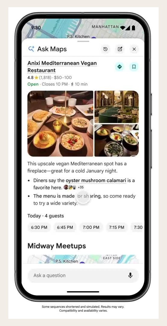 An Ask Maps result card for a restaurant: star rating, price range, closing time, walking distance, food photos, a quote pulled from customer reviews, and bookable time slots